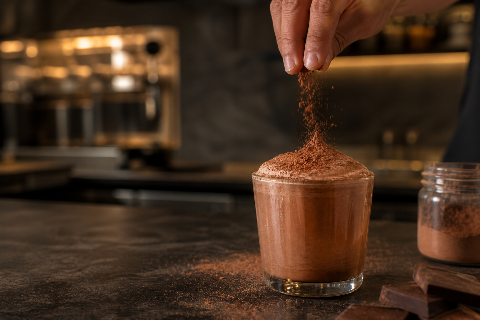 Bebida cremosa de chocolate sendo finalizada com cacau em ambiente profissional