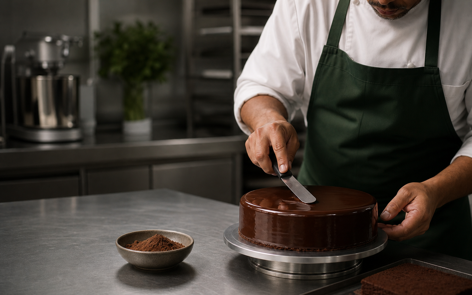 Profissional finalizando um bolo de chocolate em cozinha de produção