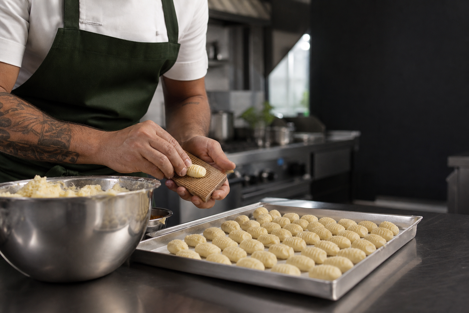 Profissional preparando nhoque em uma cozinha comercial