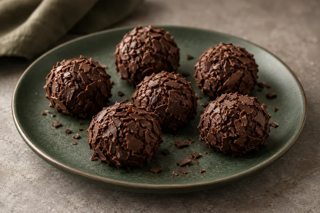 Brigadeiros de chocolate em um prato verde.