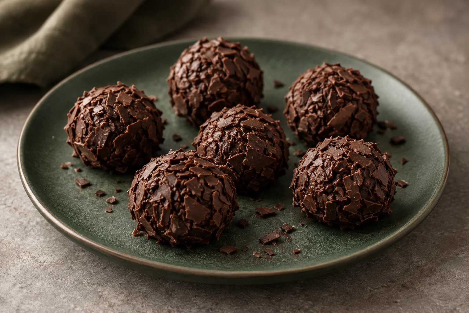 Brigadeiros de chocolate em um prato verde.