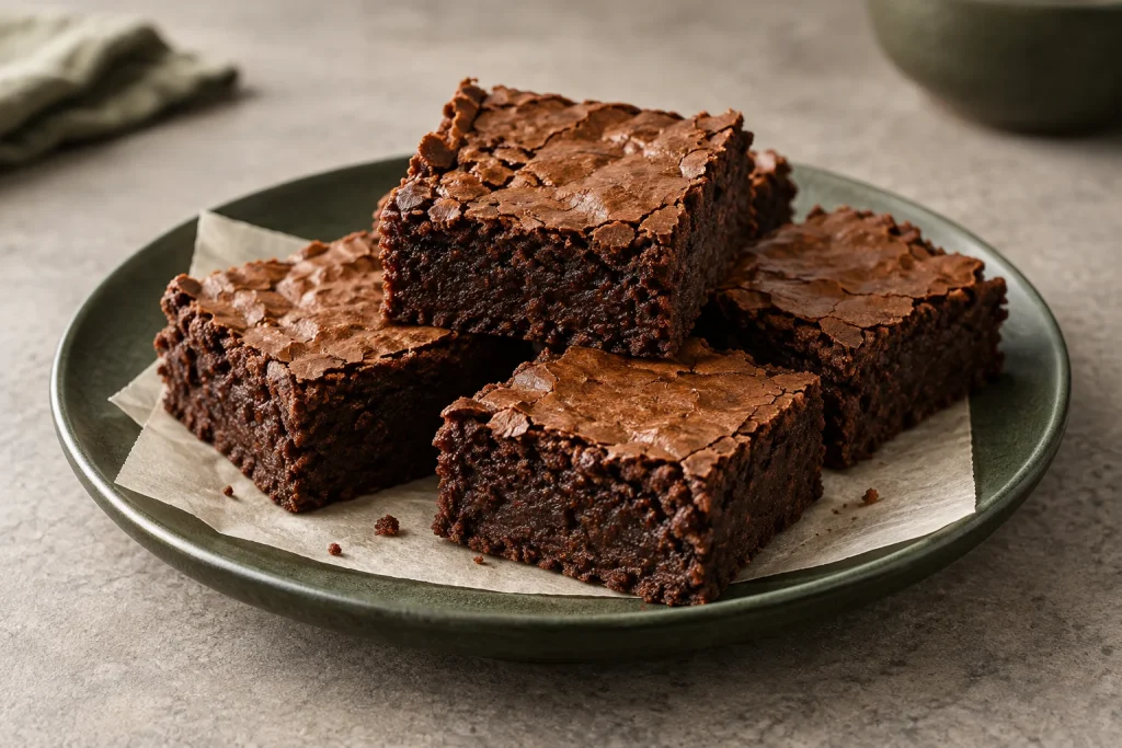 Pedaços de brownie de chocolate em um prato verde.