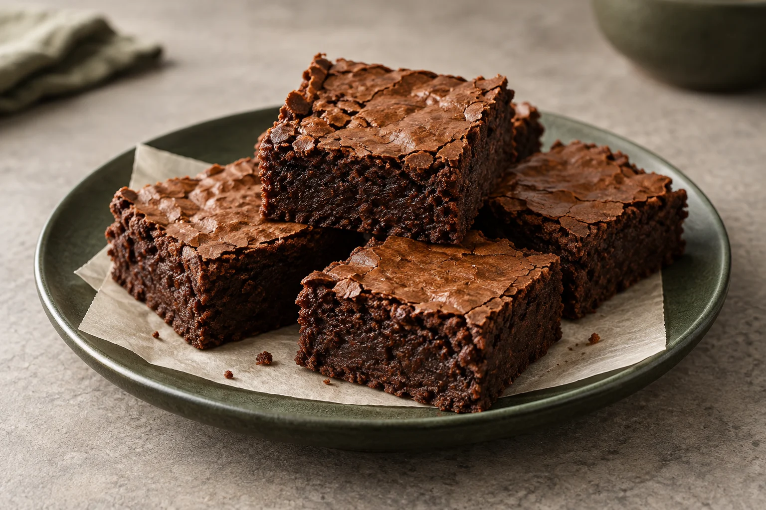 Pedaços de brownie de chocolate em um prato verde.