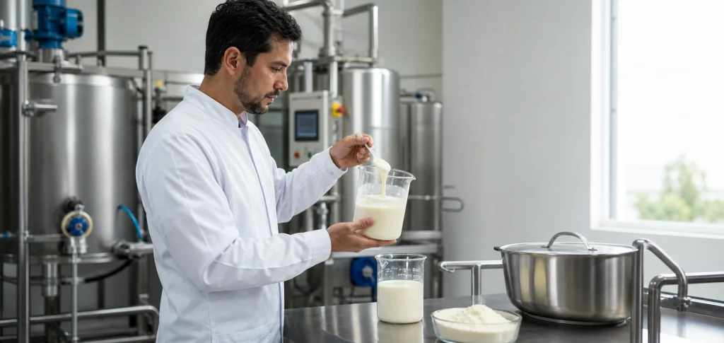 Profissional avaliando uma formulação láctea em ambiente de produção