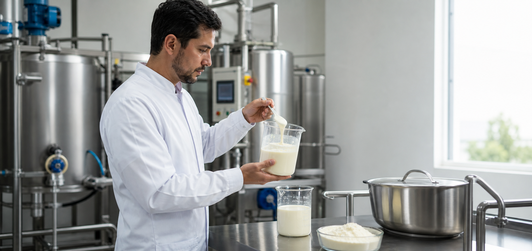 Profissional avaliando uma formulação láctea em ambiente de produção
